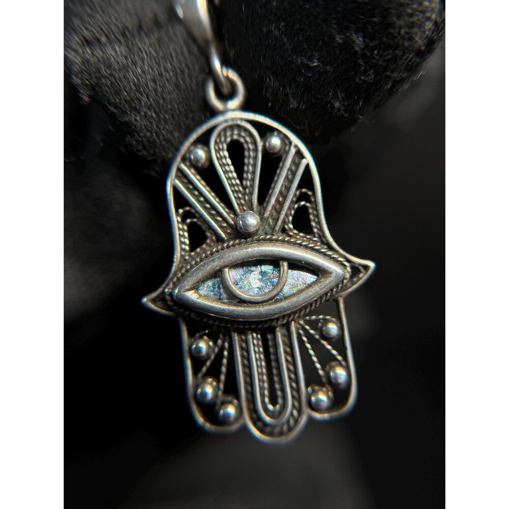 Sterling Silver 925 Hamsa Hand Evil Eye Reversible Pendant PL Israel Blue Druzy